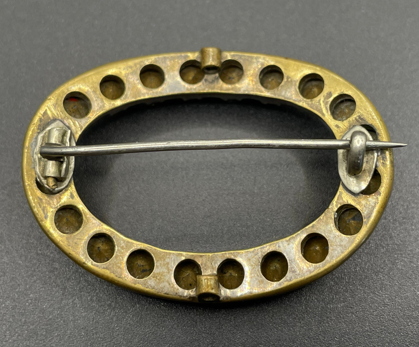 Antique Georgian to Victorian gold tone brass and clear paste rhinestone oval converted buckle brooch
