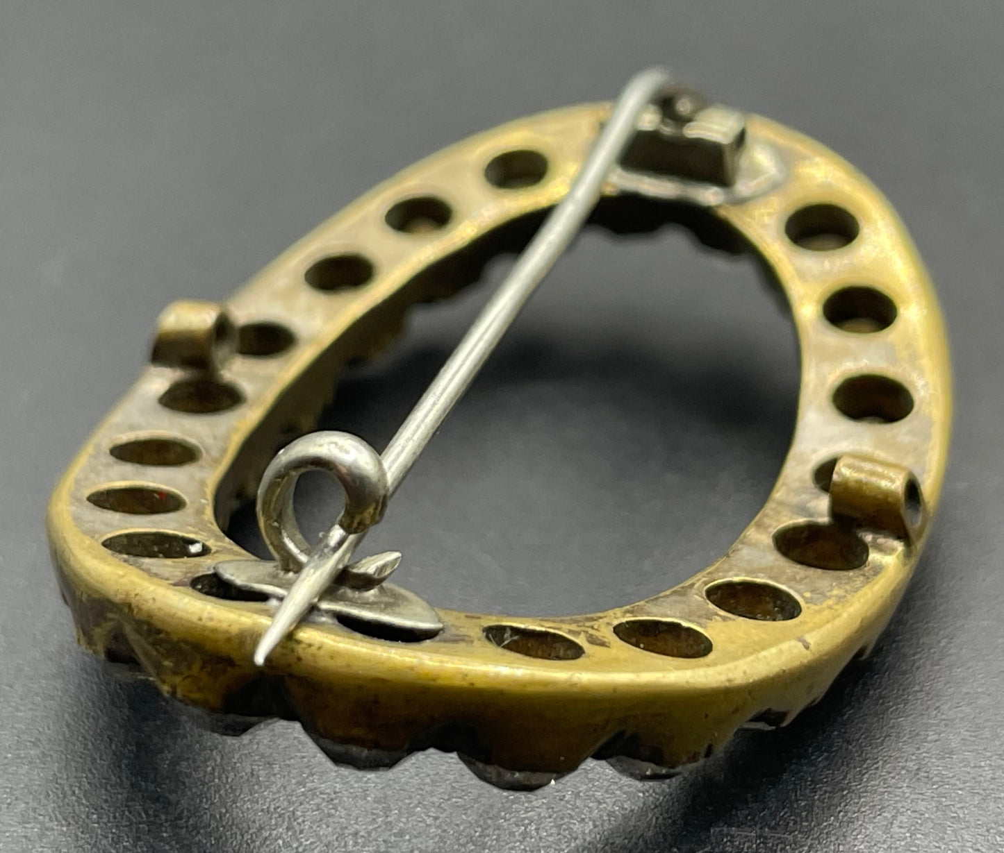 Antique Georgian to Victorian gold tone brass and clear paste rhinestone oval converted buckle brooch