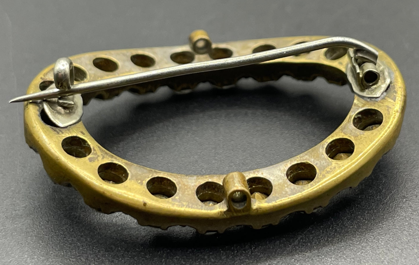 Antique Georgian to Victorian gold tone brass and clear paste rhinestone oval converted buckle brooch