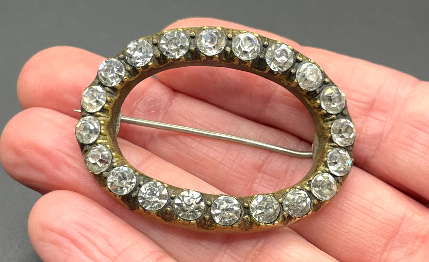 Antique Georgian to Victorian gold tone brass and clear paste rhinestone oval converted buckle brooch