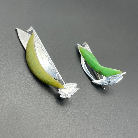 Pair of vintage Jakob Bengel yacht / sail boat brooches - Art Deco 1930s machine age, green galalith and engraved chrome, read for condition