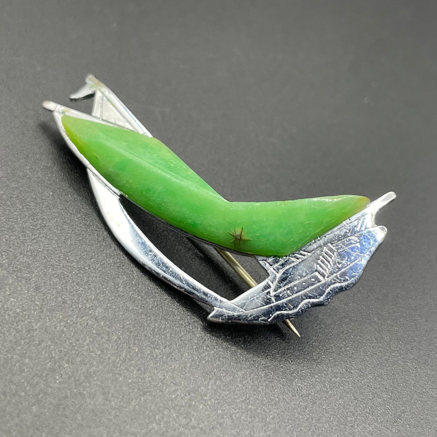 Pair of vintage Jakob Bengel yacht / sail boat brooches - Art Deco 1930s machine age, green galalith and engraved chrome, read for condition
