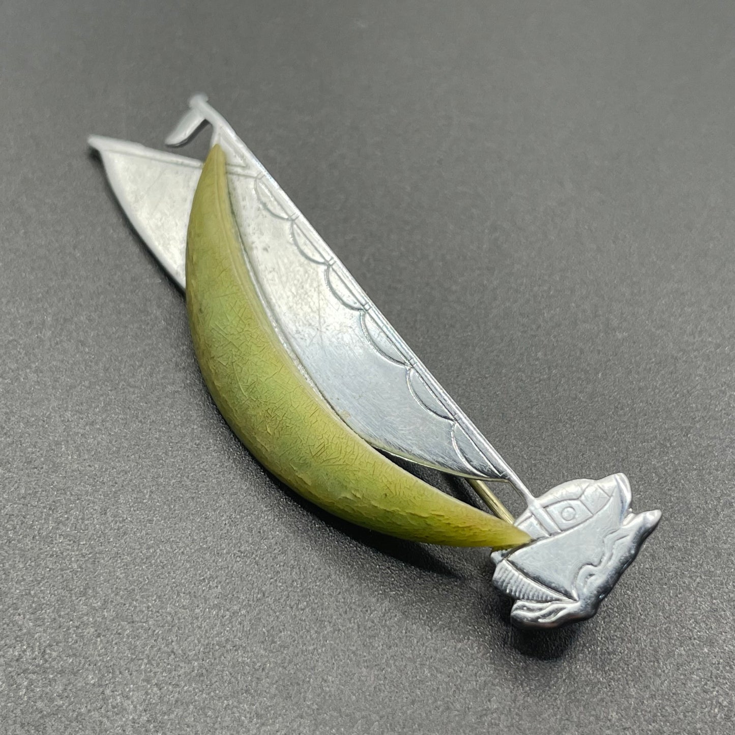Pair of vintage Jakob Bengel yacht / sail boat brooches - Art Deco 1930s machine age, green galalith and engraved chrome, read for condition