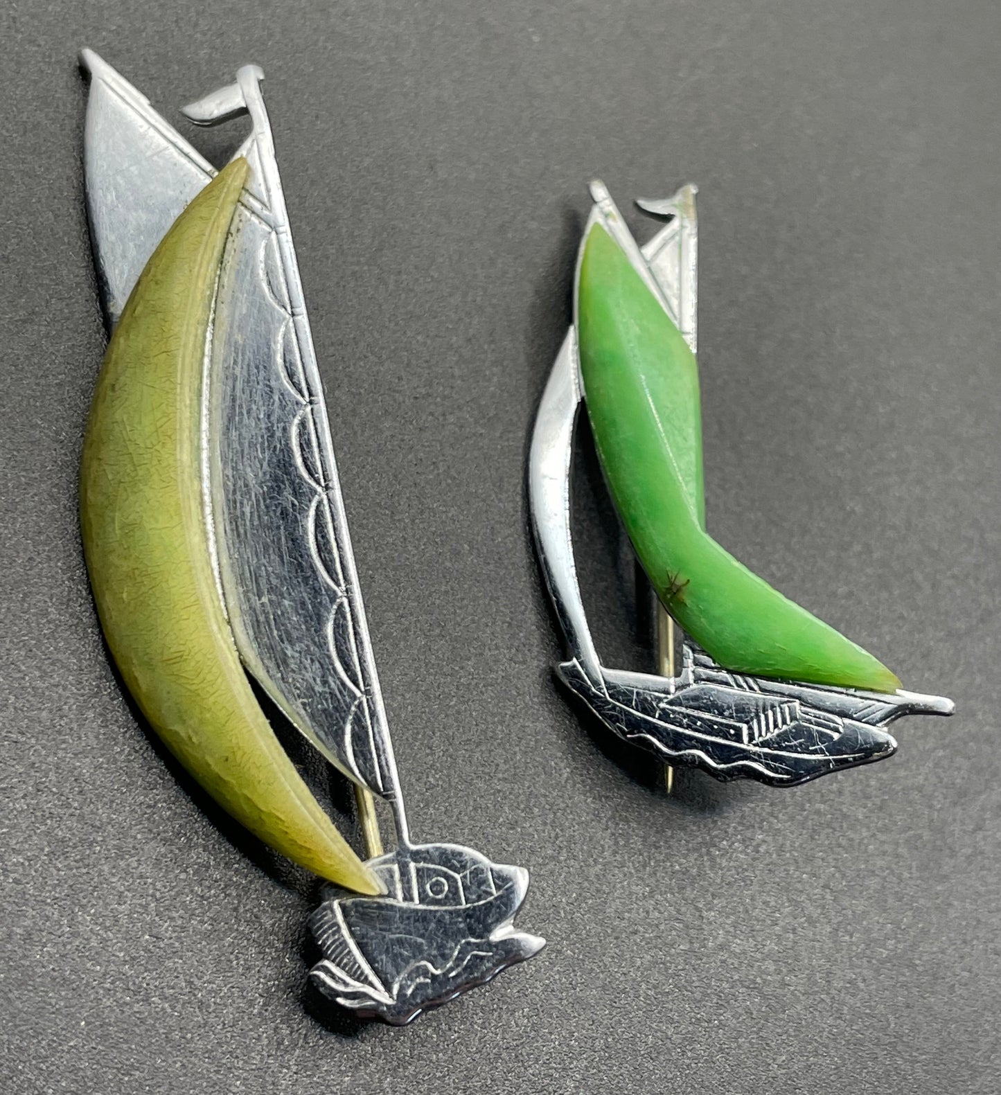 Pair of vintage Jakob Bengel yacht / sail boat brooches - Art Deco 1930s machine age, green galalith and engraved chrome, read for condition