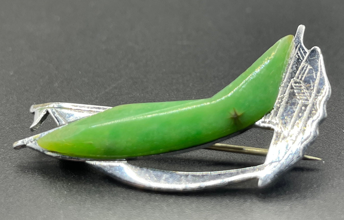 Pair of vintage Jakob Bengel yacht / sail boat brooches - Art Deco 1930s machine age, green galalith and engraved chrome, read for condition