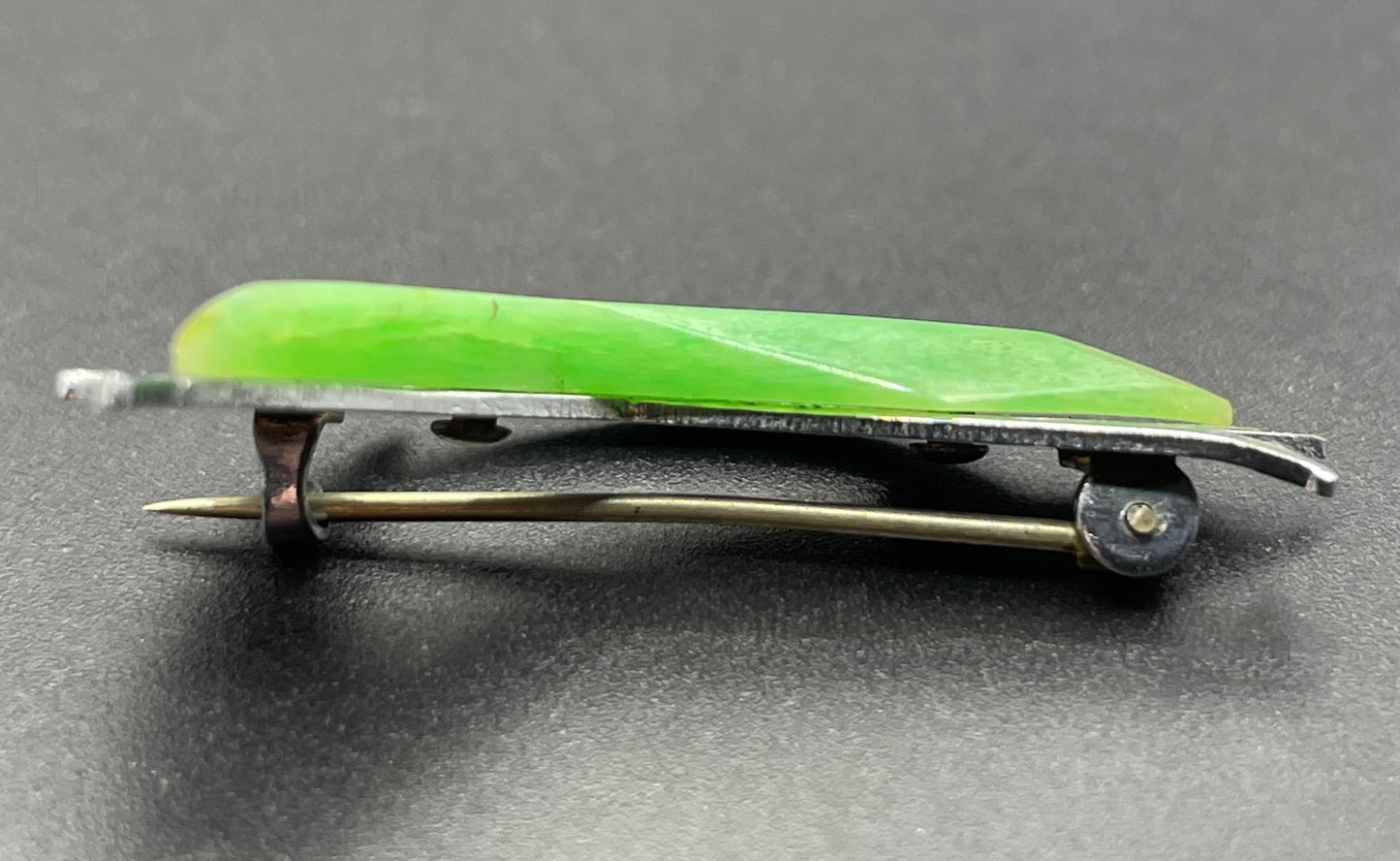 Pair of vintage Jakob Bengel yacht / sail boat brooches - Art Deco 1930s machine age, green galalith and engraved chrome, read for condition