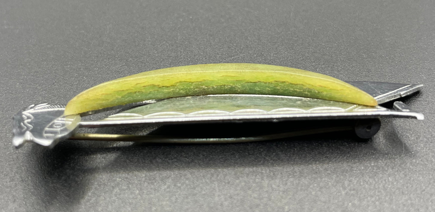 Pair of vintage Jakob Bengel yacht / sail boat brooches - Art Deco 1930s machine age, green galalith and engraved chrome, read for condition
