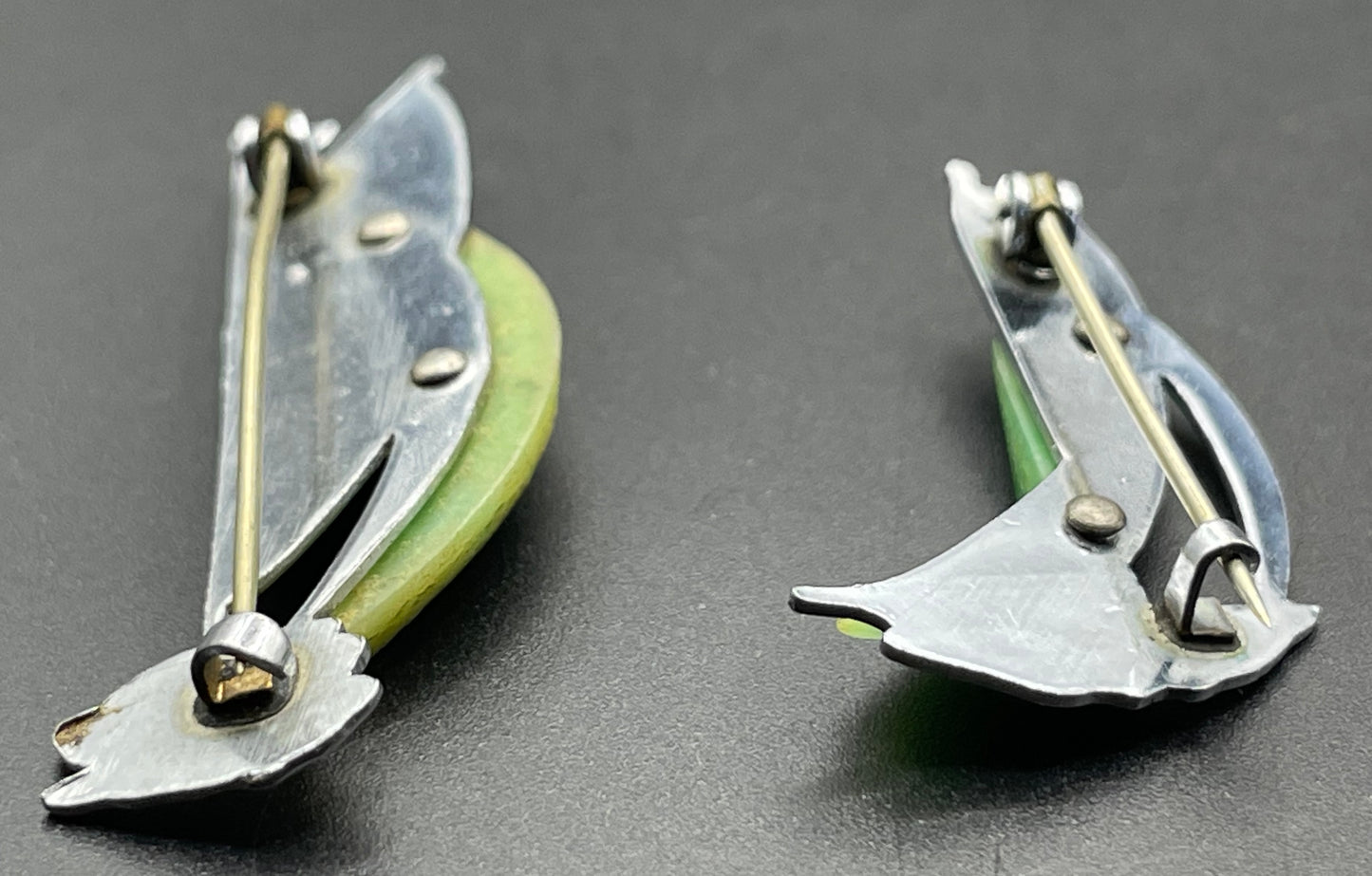 Pair of vintage Jakob Bengel yacht / sail boat brooches - Art Deco 1930s machine age, green galalith and engraved chrome, read for condition