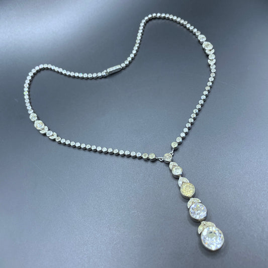 Vintage Art Deco Czech crystal paste and silver tone collet set riviere lariat Y necklace, classic and beautiful bud and leaf design