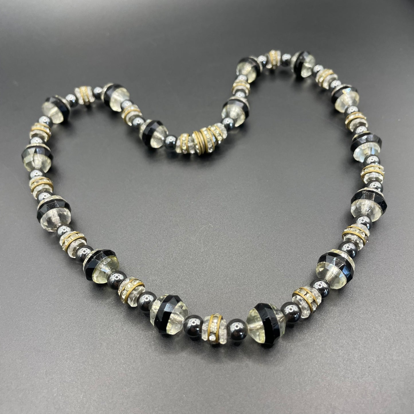 Vintage Art Deco clear and black crystal faceted glass bead necklace with rhinestone rondelle beads with ornate screw clasp