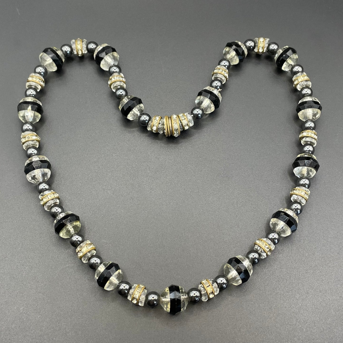 Vintage Art Deco clear and black crystal faceted glass bead necklace with rhinestone rondelle beads with ornate screw clasp
