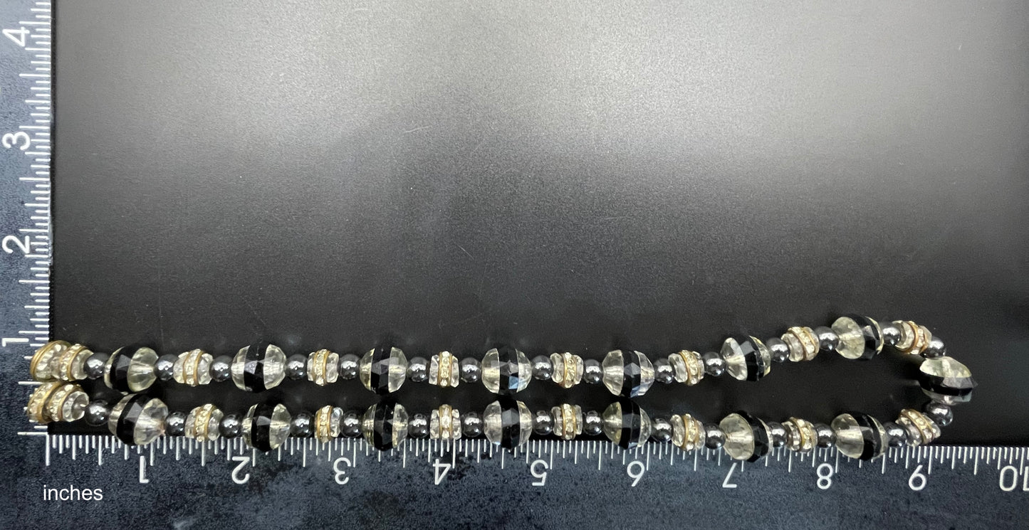 Vintage Art Deco clear and black crystal faceted glass bead necklace with rhinestone rondelle beads with ornate screw clasp