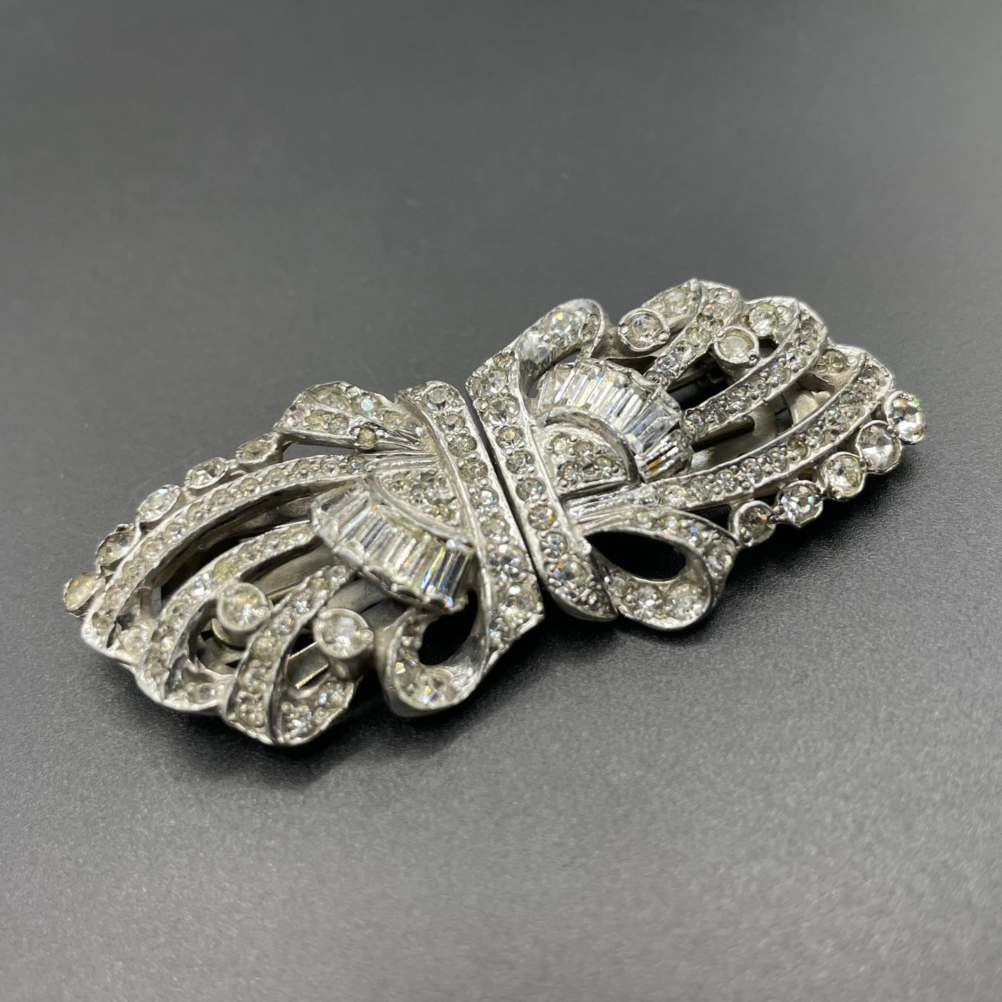 Vintage Art Deco clear rhinestone paste and silver tone duette - a brooch that is convertible into two dress clips