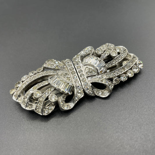 Vintage Art Deco clear rhinestone paste and silver tone duette - a brooch that is convertible into two dress clips