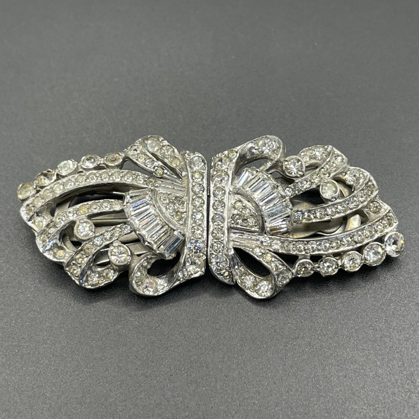 Vintage Art Deco clear rhinestone paste and silver tone duette - a brooch that is convertible into two dress clips
