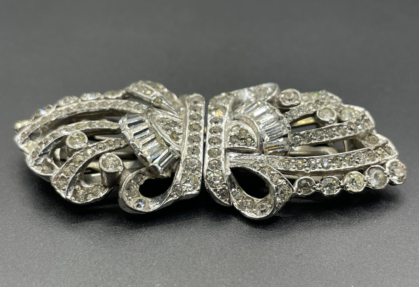 Vintage Art Deco clear rhinestone paste and silver tone duette - a brooch that is convertible into two dress clips