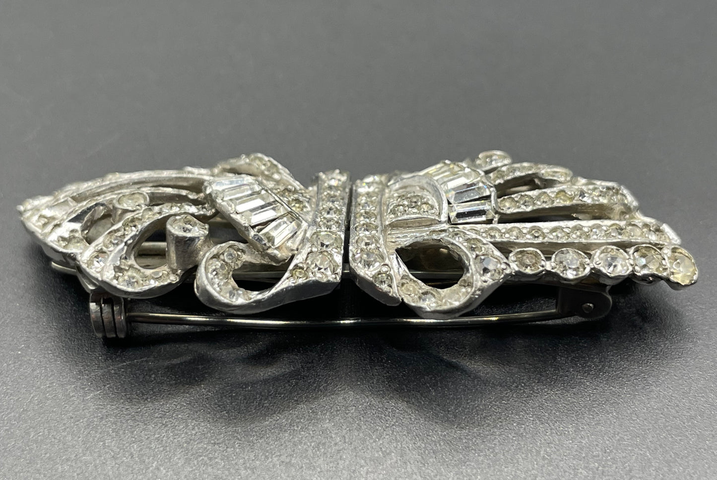 Vintage Art Deco clear rhinestone paste and silver tone duette - a brooch that is convertible into two dress clips