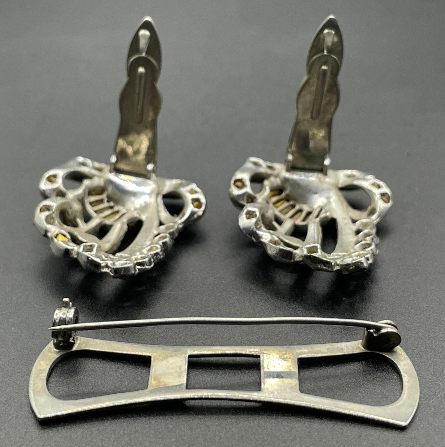 Vintage Art Deco clear rhinestone paste and silver tone duette - a brooch that is convertible into two dress clips