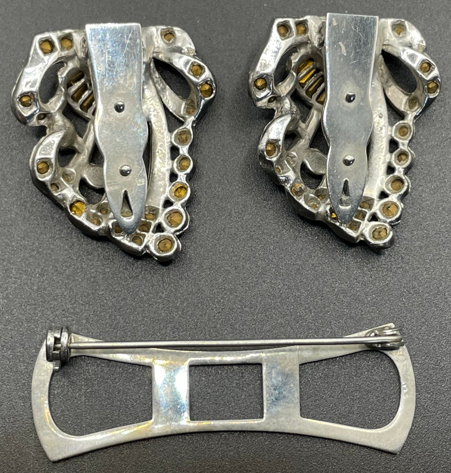 Vintage Art Deco clear rhinestone paste and silver tone duette - a brooch that is convertible into two dress clips