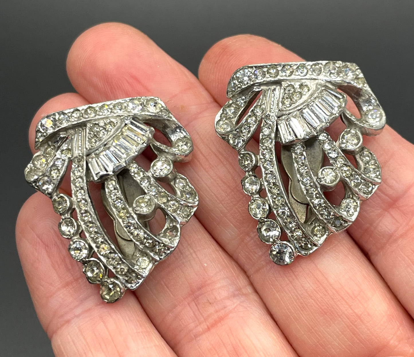 Vintage Art Deco clear rhinestone paste and silver tone duette - a brooch that is convertible into two dress clips