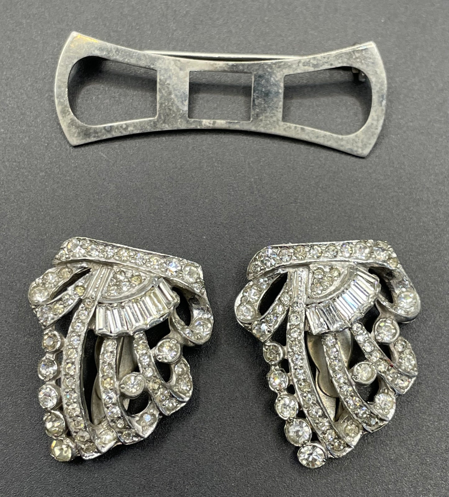 Vintage Art Deco clear rhinestone paste and silver tone duette - a brooch that is convertible into two dress clips