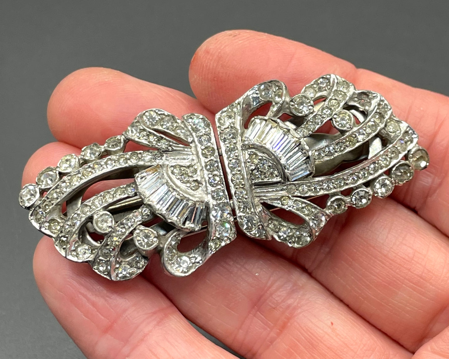 Vintage Art Deco clear rhinestone paste and silver tone duette - a brooch that is convertible into two dress clips