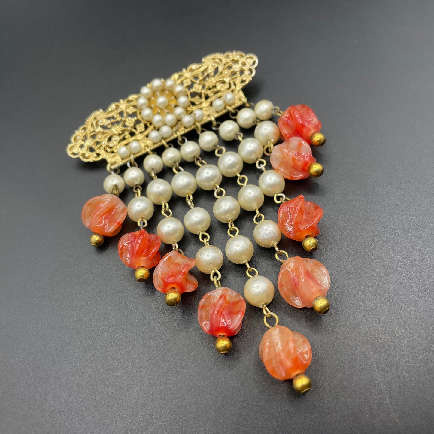 Vintage Louis Rousselet marbled orange moulded / poured glass bead and faux pearl fringe brooch with gold tone filigree