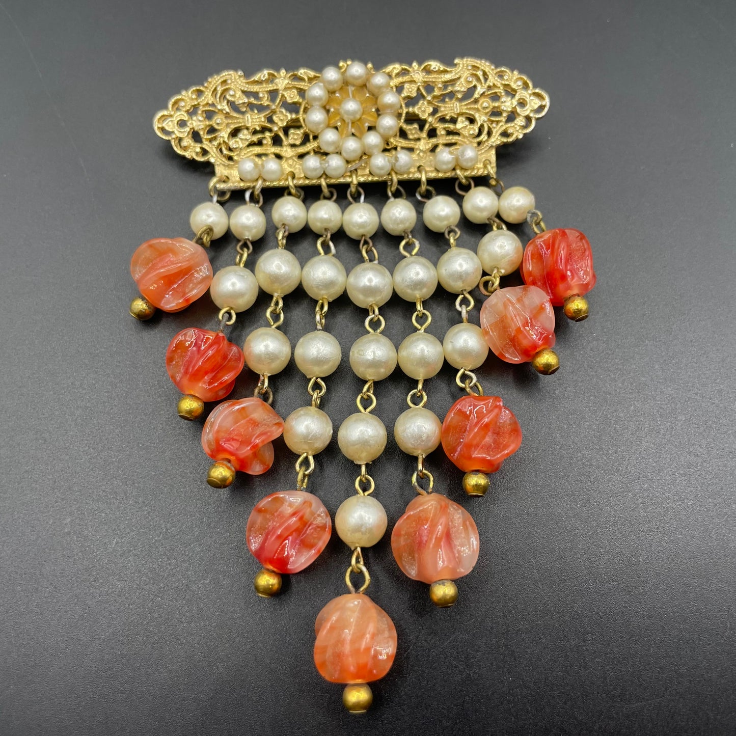 Vintage Louis Rousselet marbled orange moulded / poured glass bead and faux pearl fringe brooch with gold tone filigree