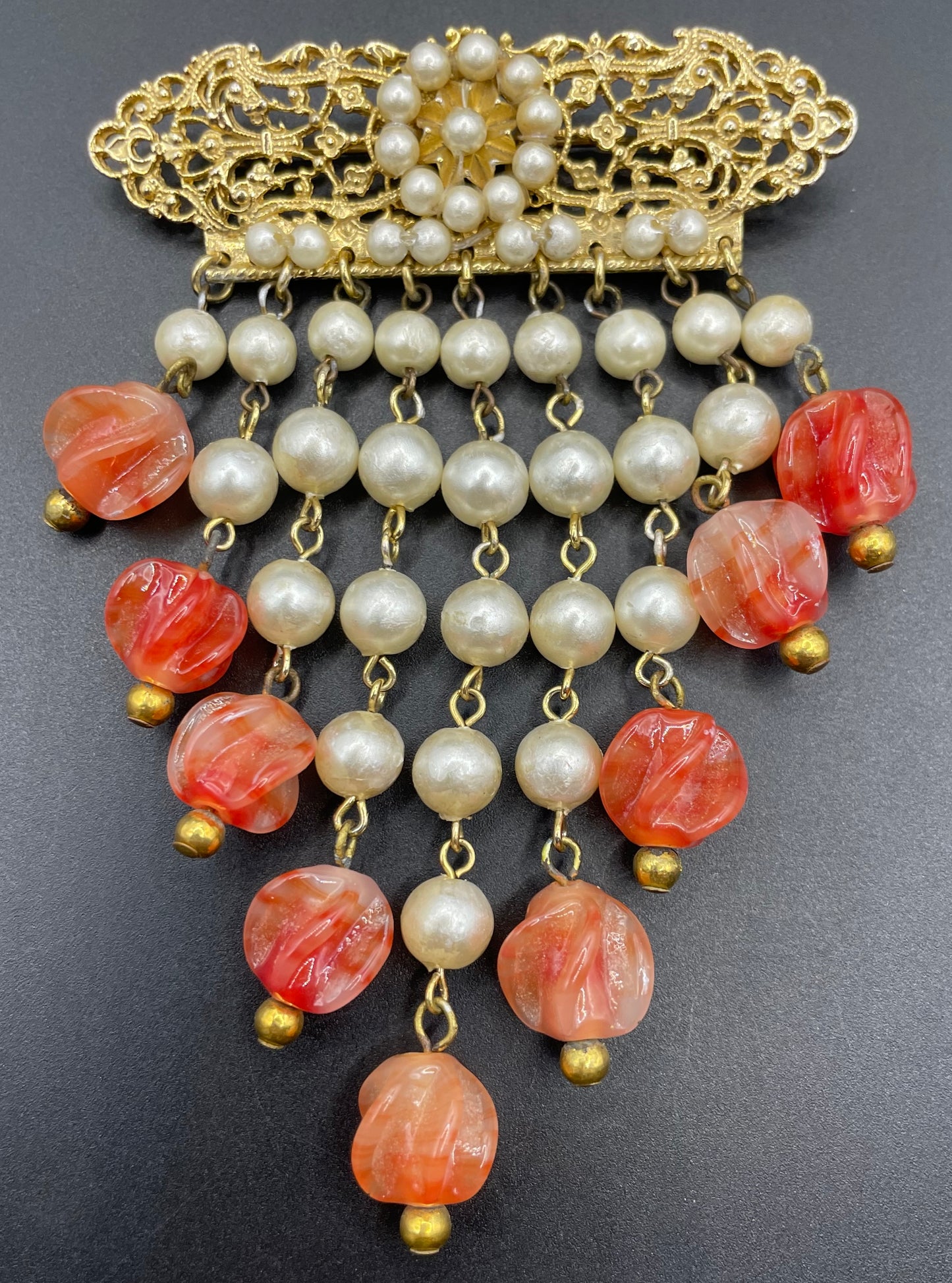 Vintage Louis Rousselet marbled orange moulded / poured glass bead and faux pearl fringe brooch with gold tone filigree