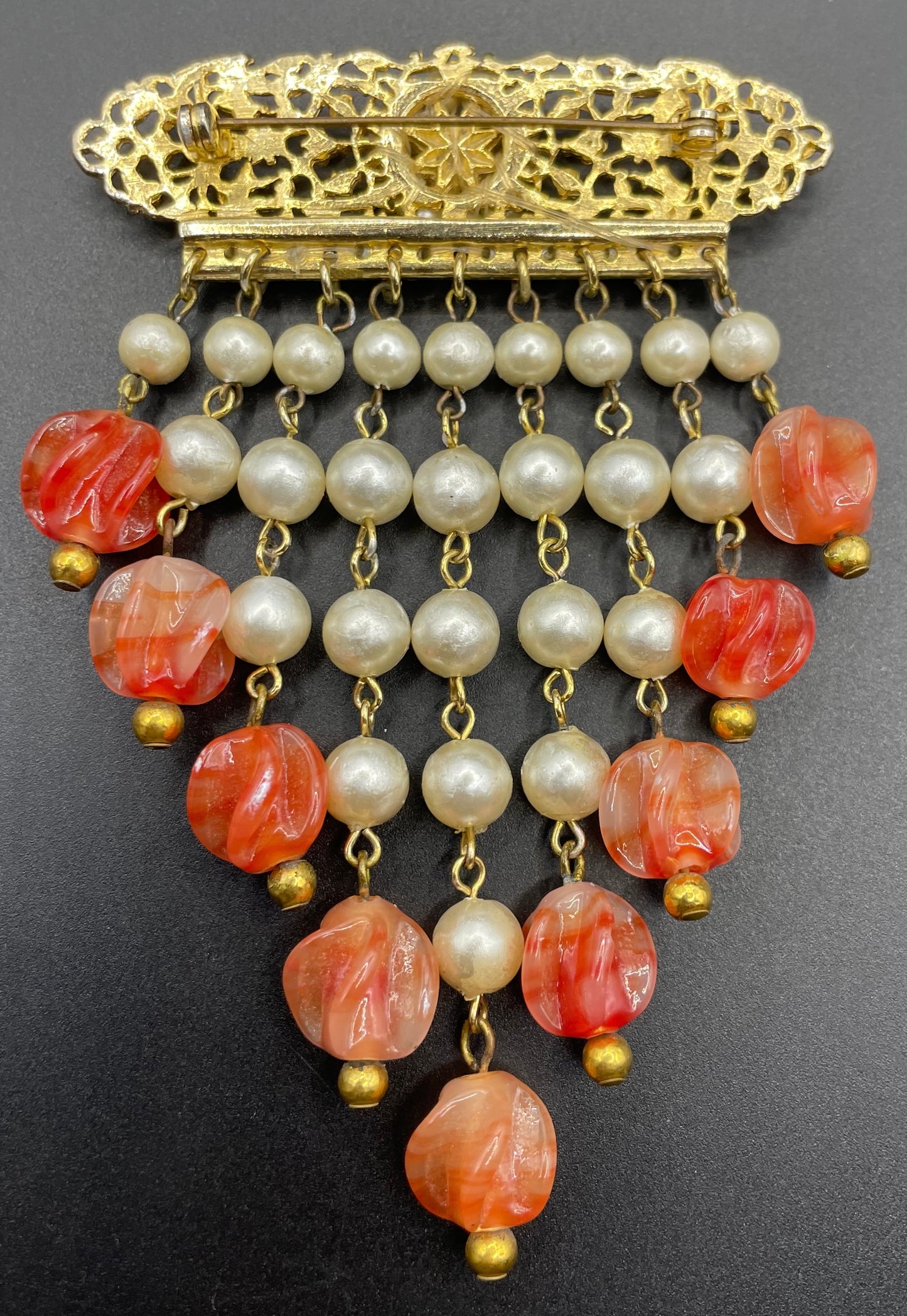 Vintage Louis Rousselet marbled orange moulded / poured glass bead and faux pearl fringe brooch with gold tone filigree