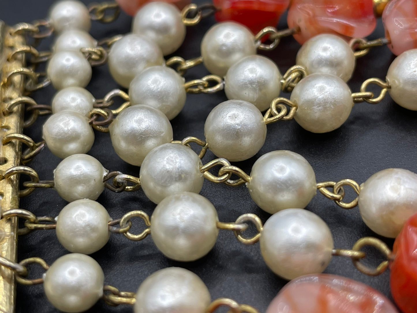 Vintage Louis Rousselet marbled orange moulded / poured glass bead and faux pearl fringe brooch with gold tone filigree