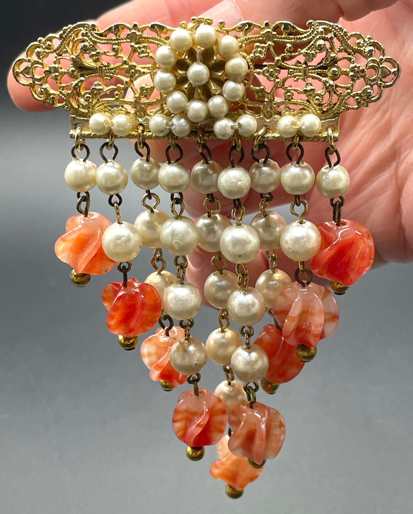 Vintage Louis Rousselet marbled orange moulded / poured glass bead and faux pearl fringe brooch with gold tone filigree
