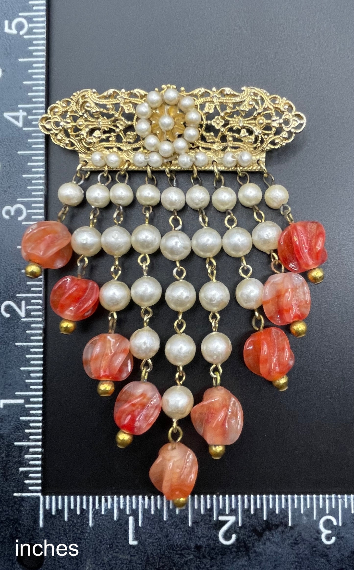 Vintage Louis Rousselet marbled orange moulded / poured glass bead and faux pearl fringe brooch with gold tone filigree
