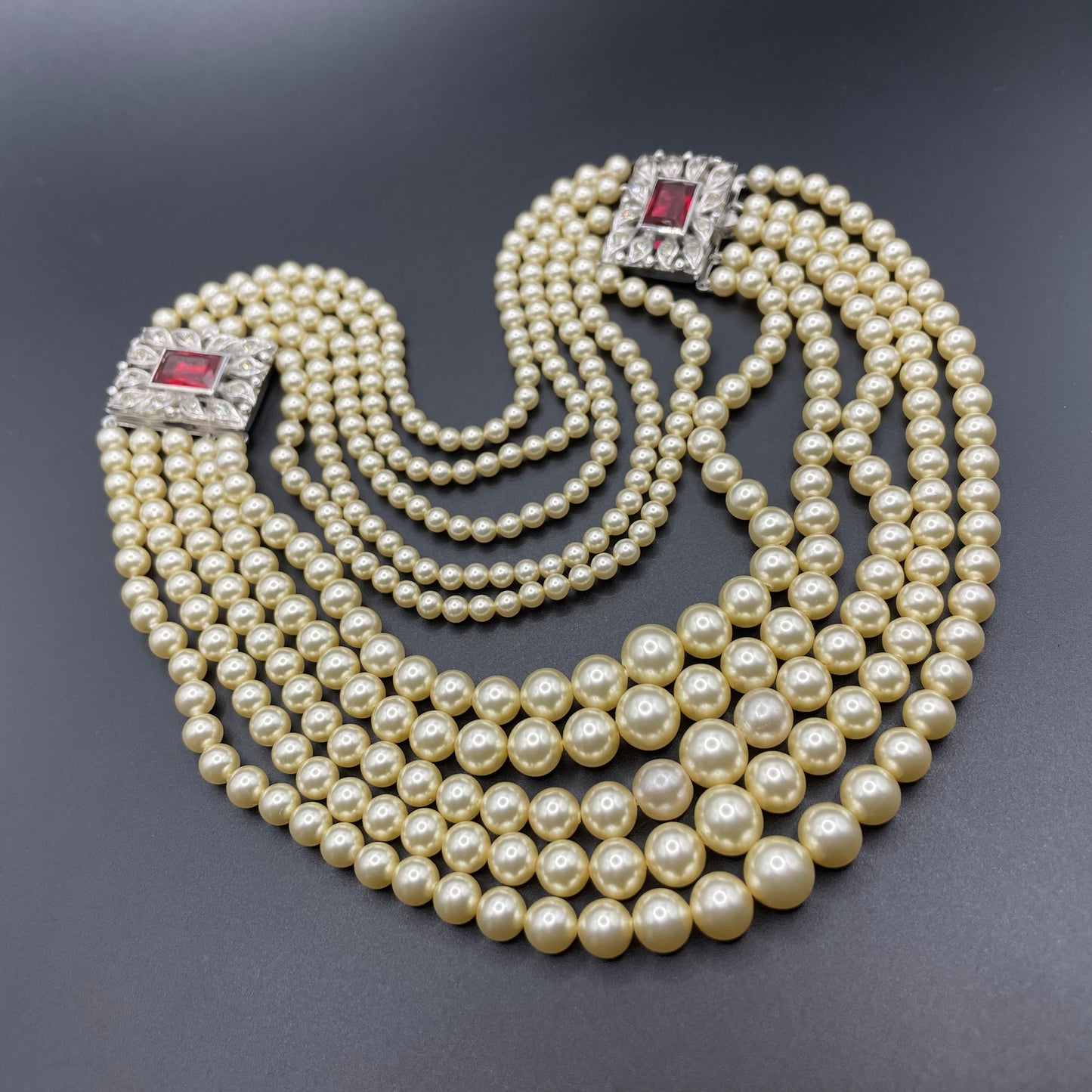 Vintage five strand glass pearl necklace (or bracelet) with double ornate ruby red & clear rhinestone side clasps, graduated glass pearls