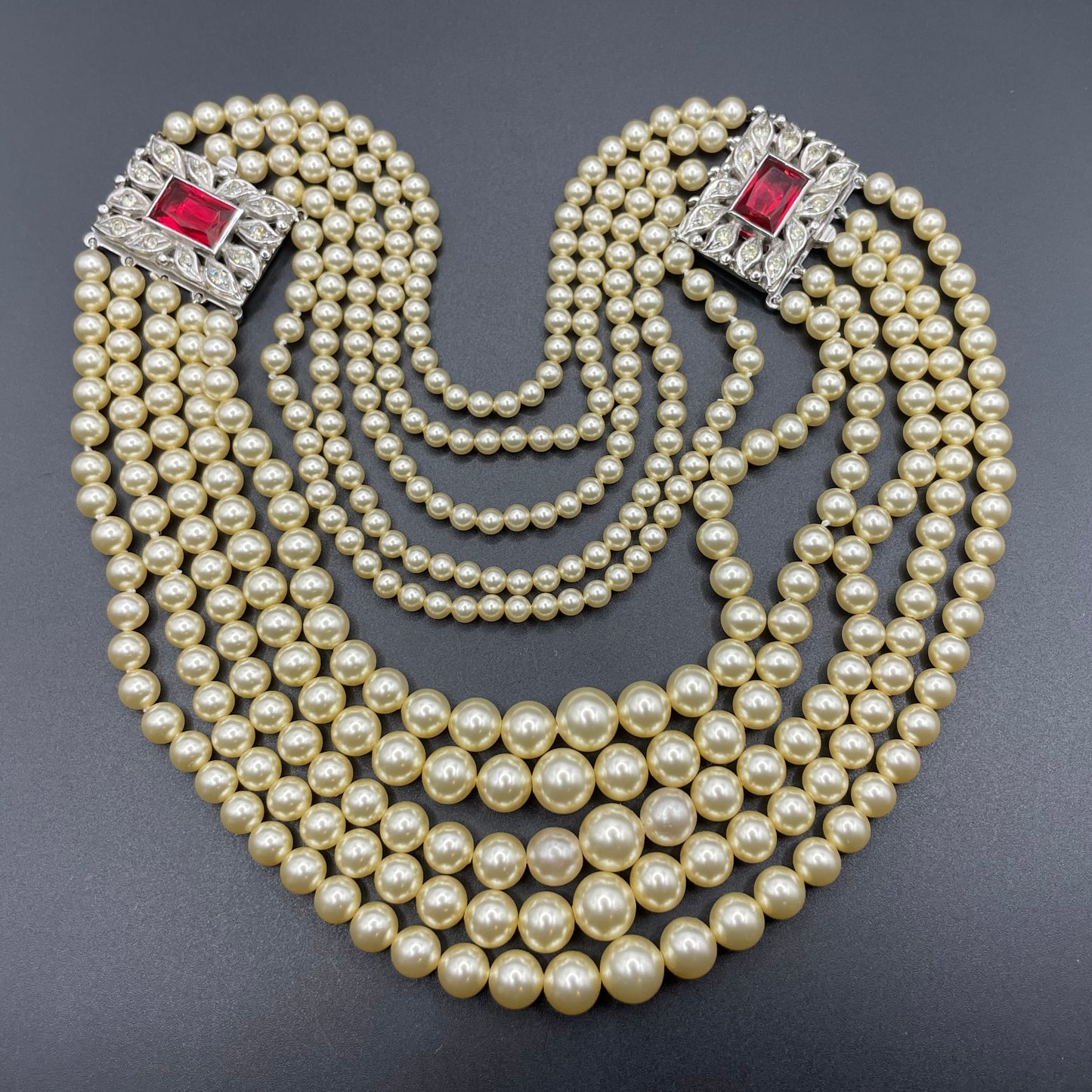 Vintage five strand glass pearl necklace (or bracelet) with double ornate ruby red & clear rhinestone side clasps, graduated glass pearls