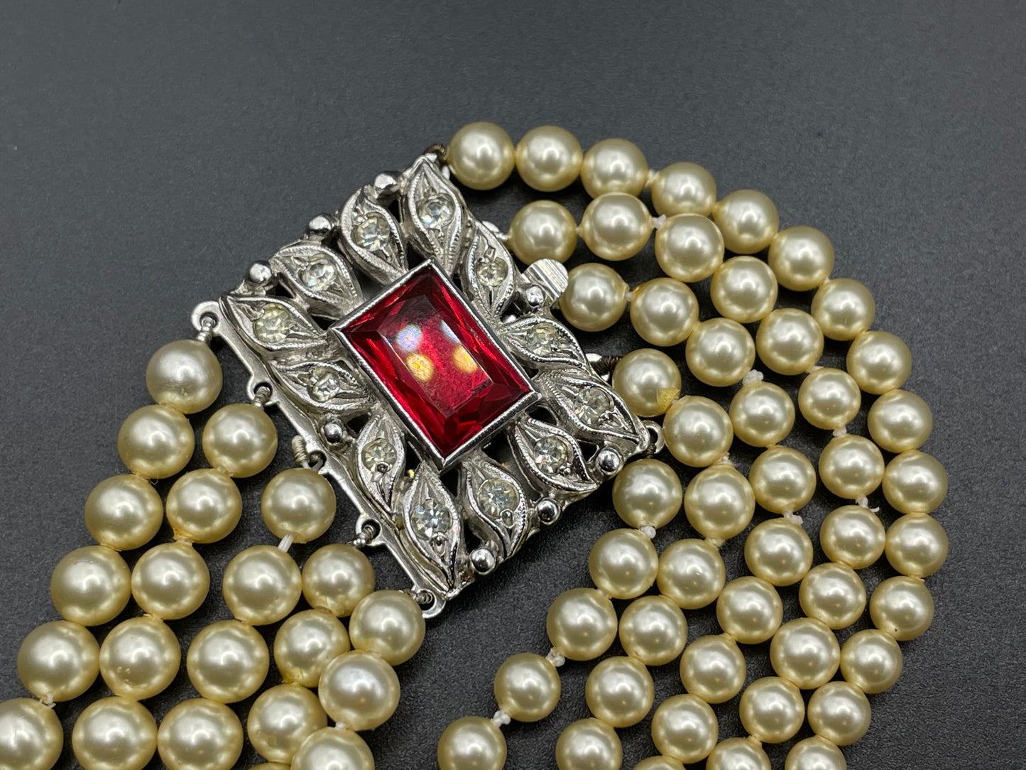 Vintage five strand glass pearl necklace (or bracelet) with double ornate ruby red & clear rhinestone side clasps, graduated glass pearls