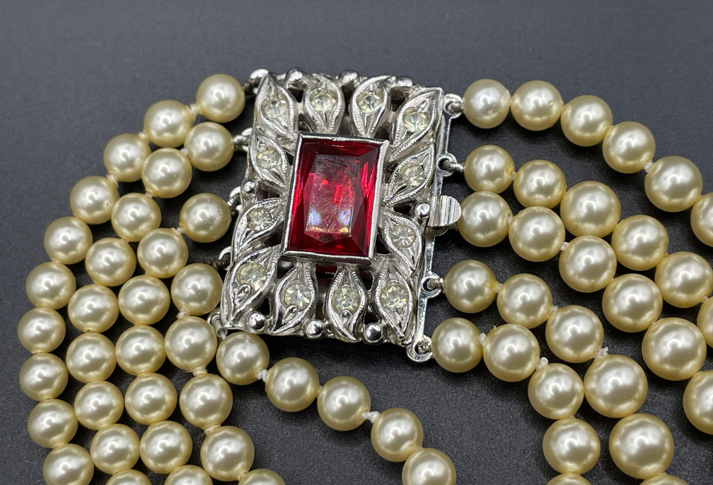 Vintage five strand glass pearl necklace (or bracelet) with double ornate ruby red & clear rhinestone side clasps, graduated glass pearls