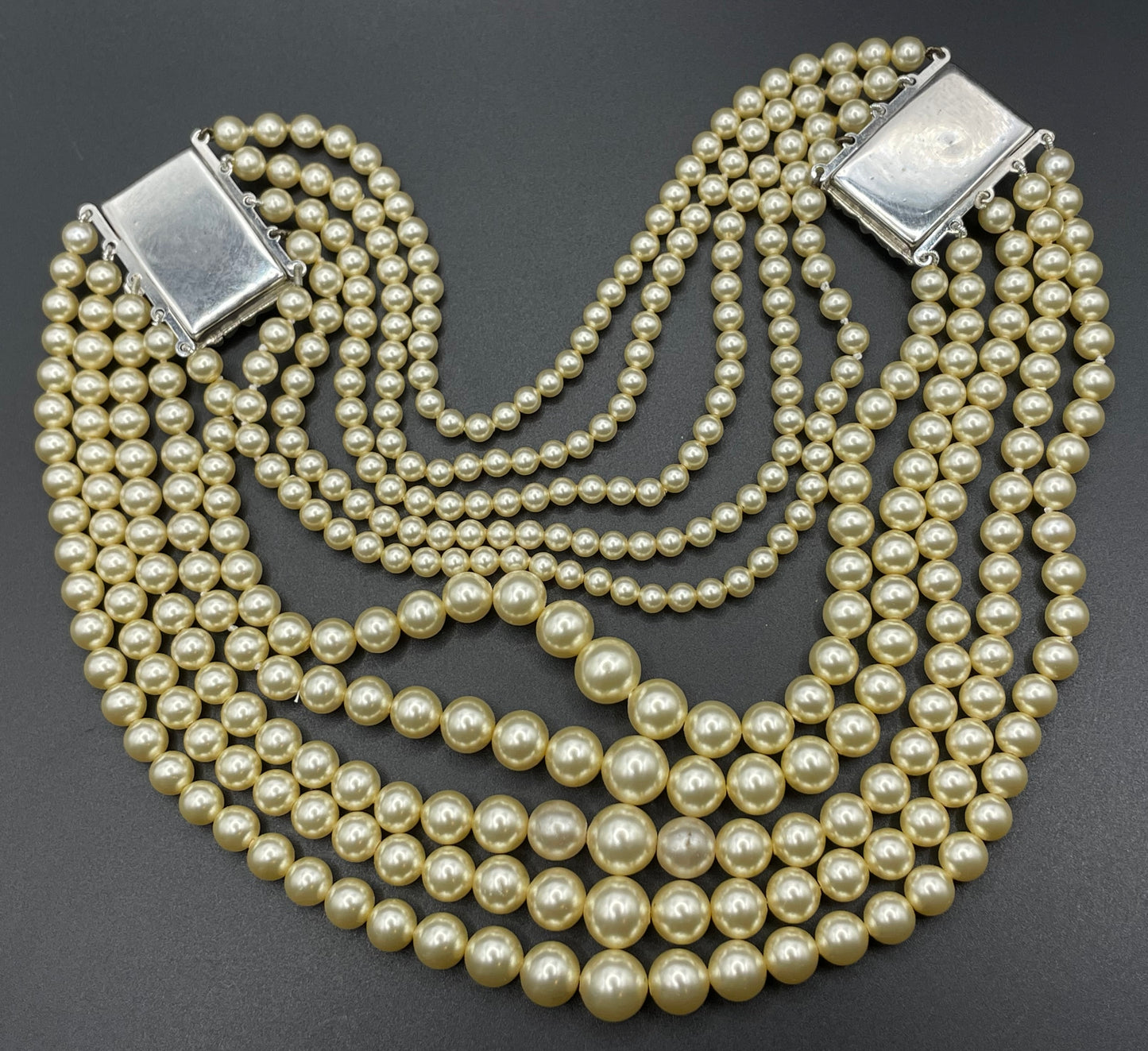 Vintage five strand glass pearl necklace (or bracelet) with double ornate ruby red & clear rhinestone side clasps, graduated glass pearls