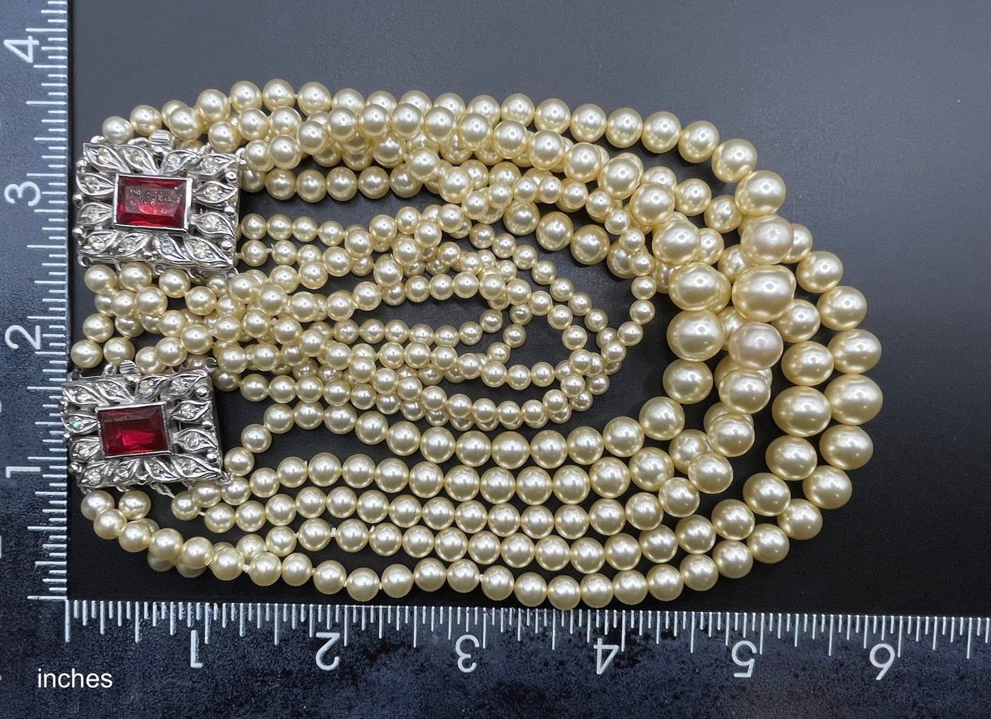Vintage five strand glass pearl necklace (or bracelet) with double ornate ruby red & clear rhinestone side clasps, graduated glass pearls