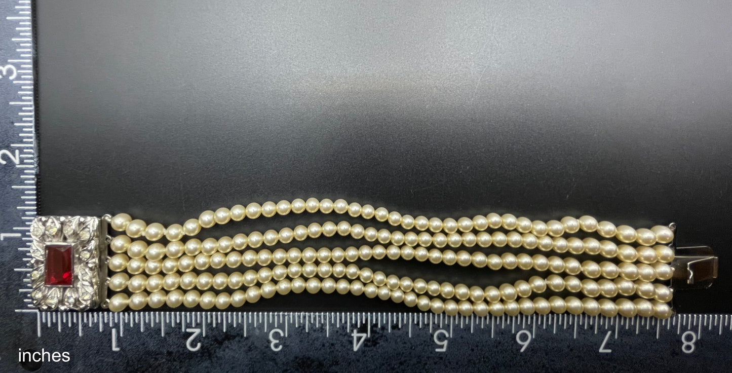 Vintage five strand glass pearl necklace (or bracelet) with double ornate ruby red & clear rhinestone side clasps, graduated glass pearls