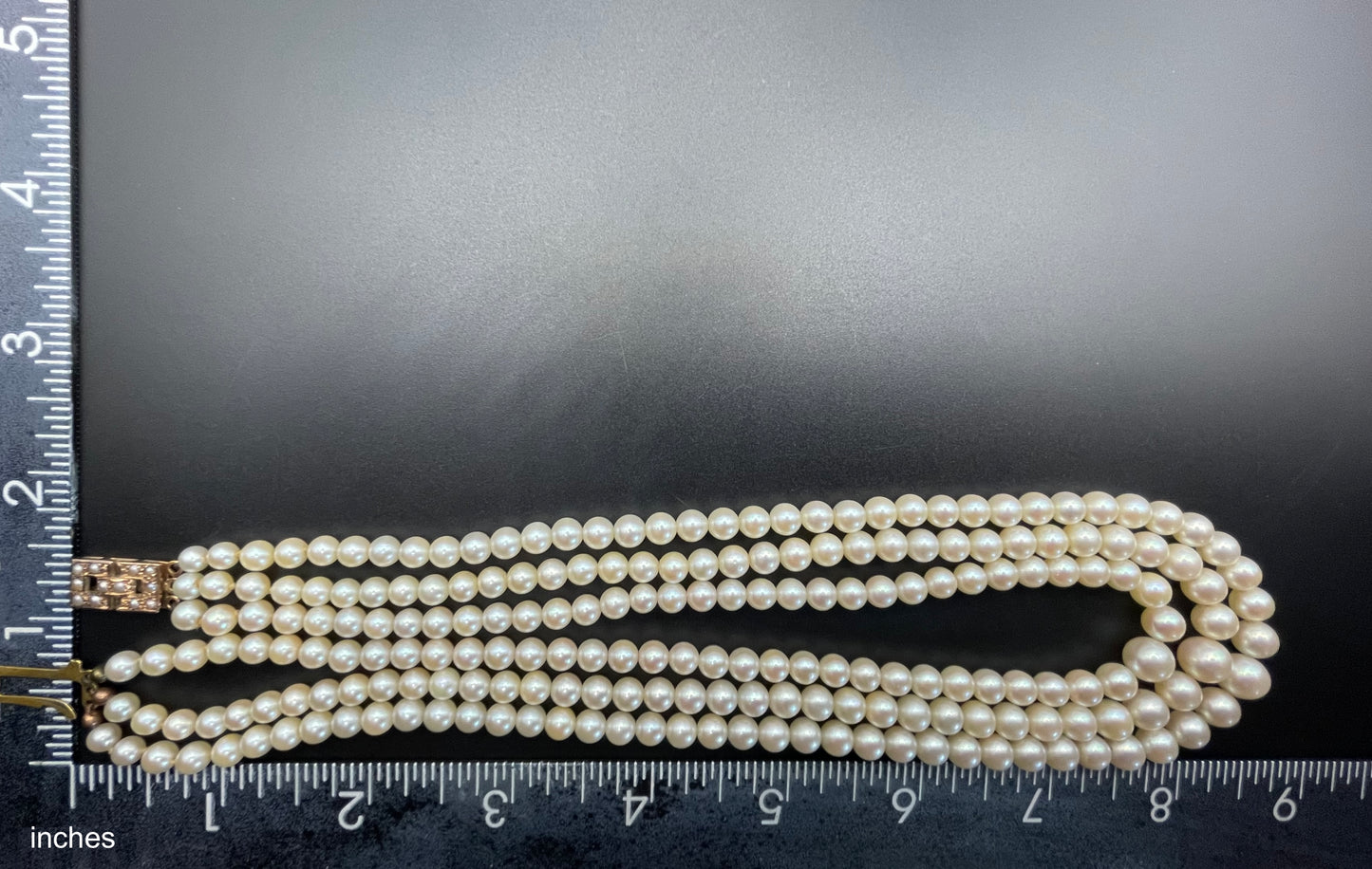Antique real cultured 5mm pearl triple strand necklace in presentation box with pretty 9ct gold and cultured pearl cabochon clasp, 62 grams