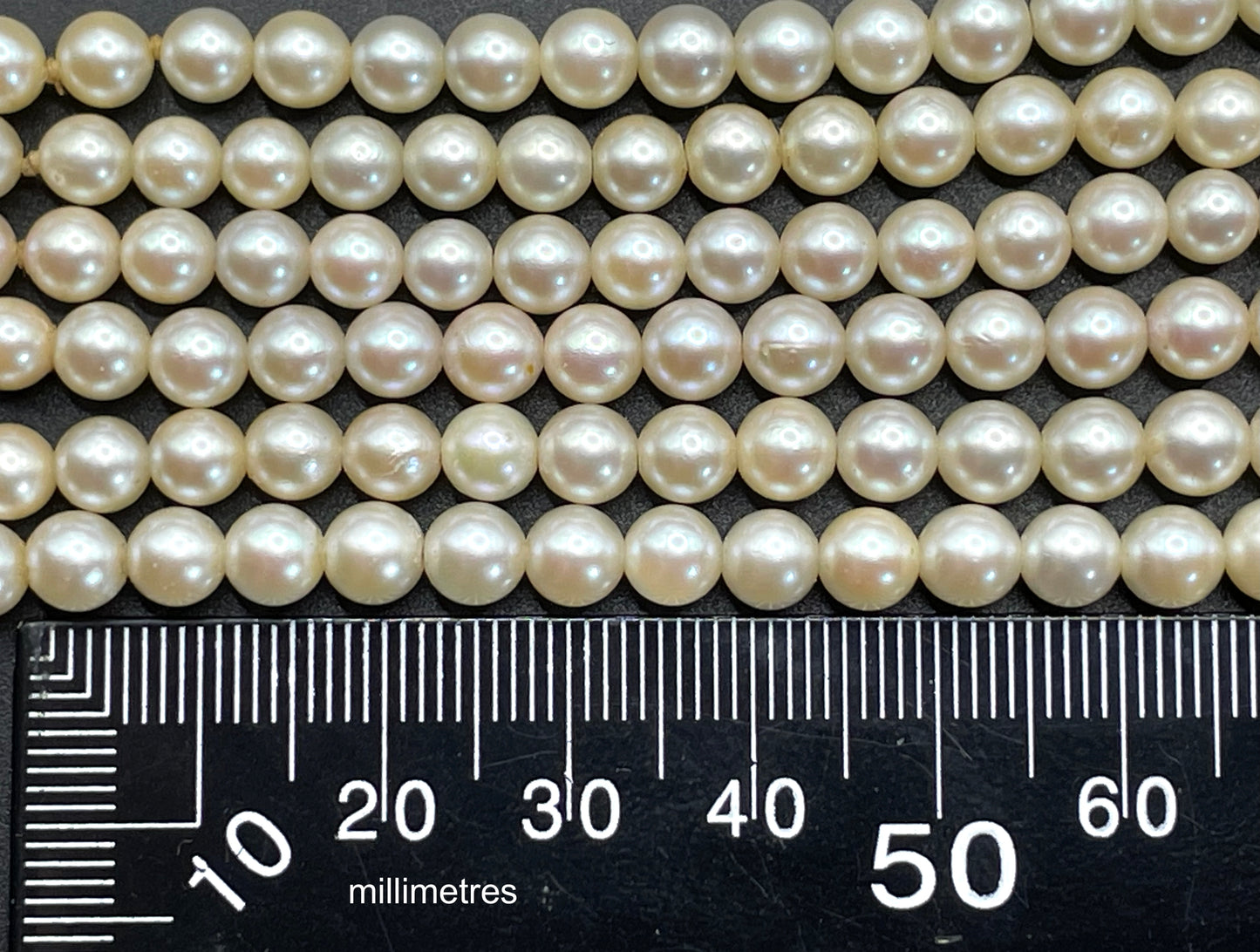 Antique real cultured 5mm pearl triple strand necklace in presentation box with pretty 9ct gold and cultured pearl cabochon clasp, 62 grams