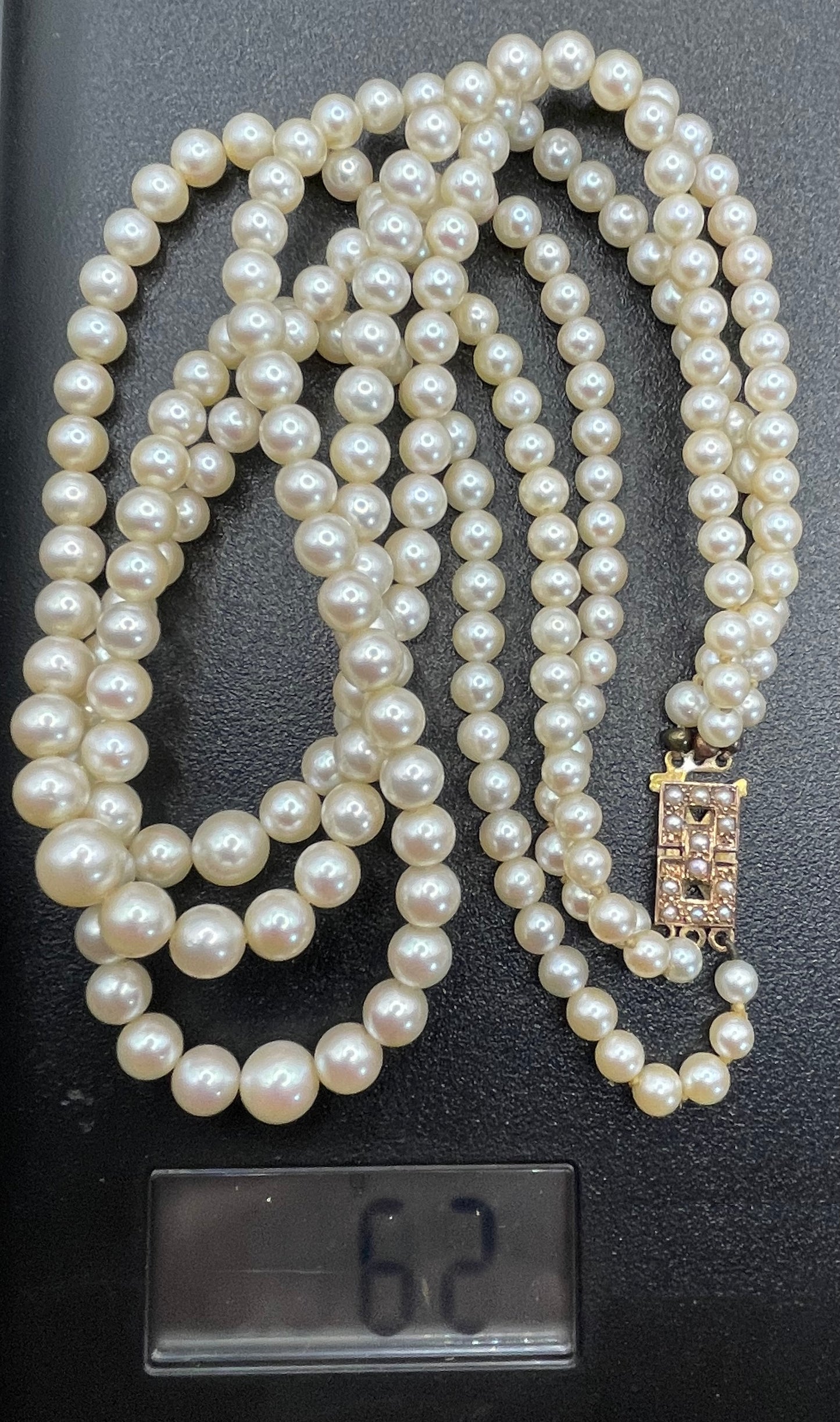 Antique real cultured 5mm pearl triple strand necklace in presentation box with pretty 9ct gold and cultured pearl cabochon clasp, 62 grams