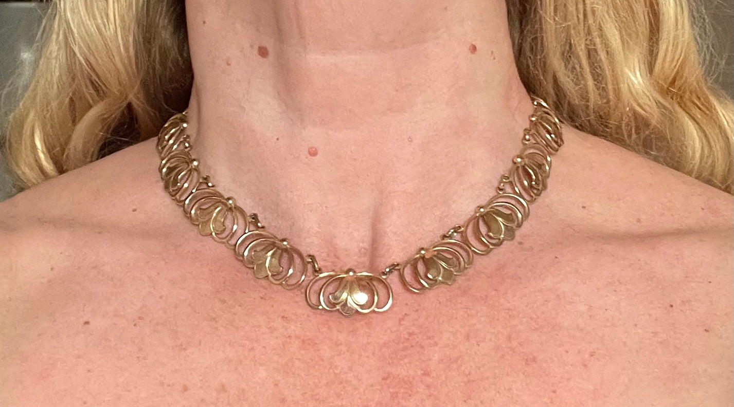 Vintage rolled gold Art Nouveau style abstract modernist design panel collar necklace, 29 grams