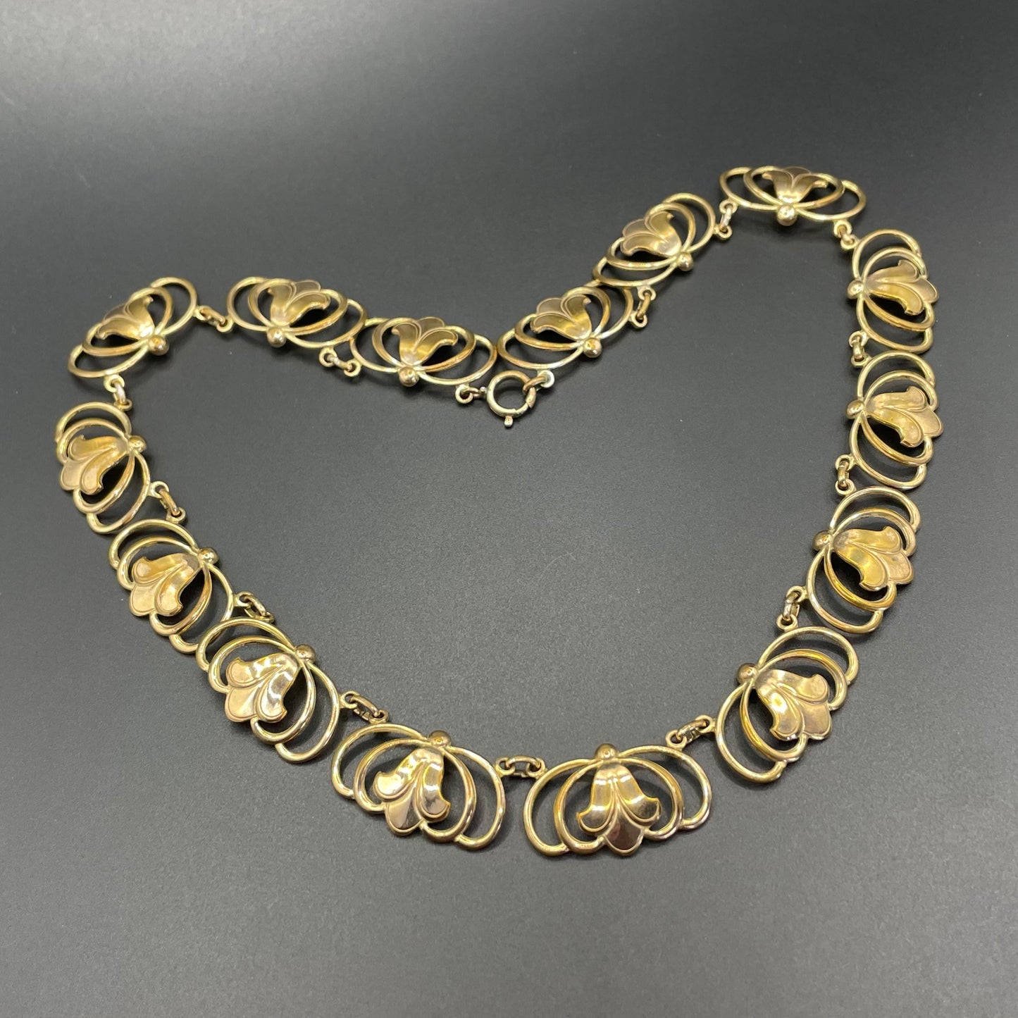 Vintage rolled gold Art Nouveau style abstract modernist design panel collar necklace, 29 grams