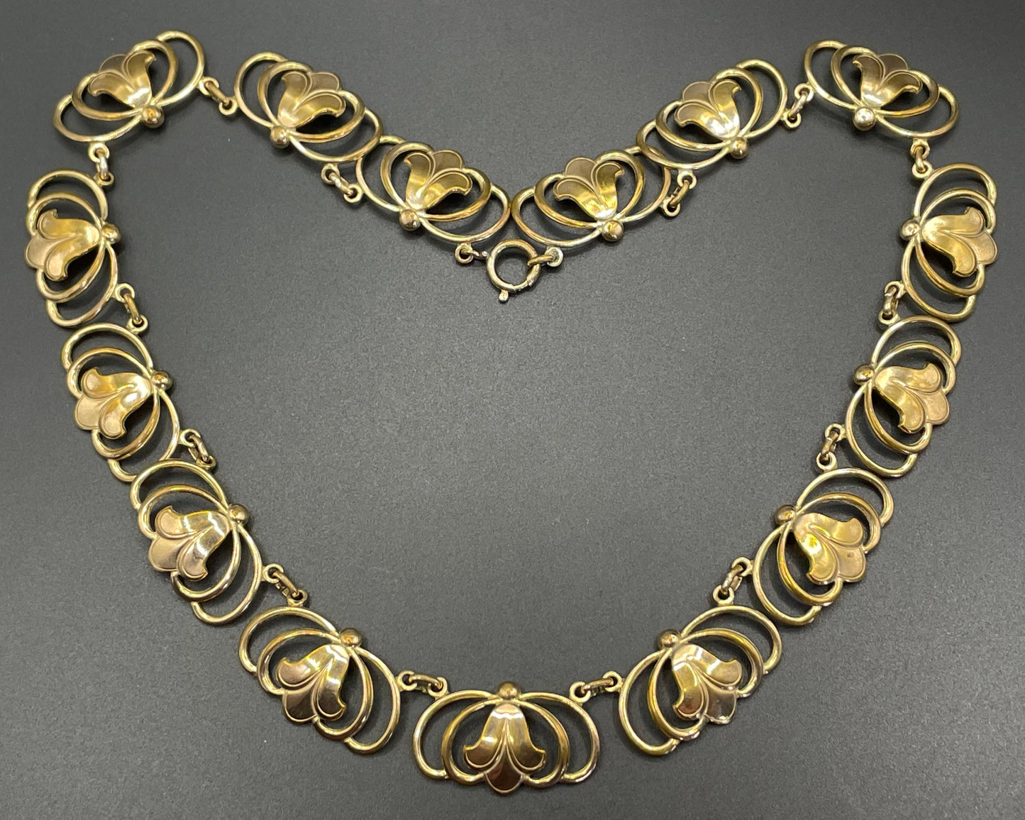 Vintage rolled gold Art Nouveau style abstract modernist design panel collar necklace, 29 grams