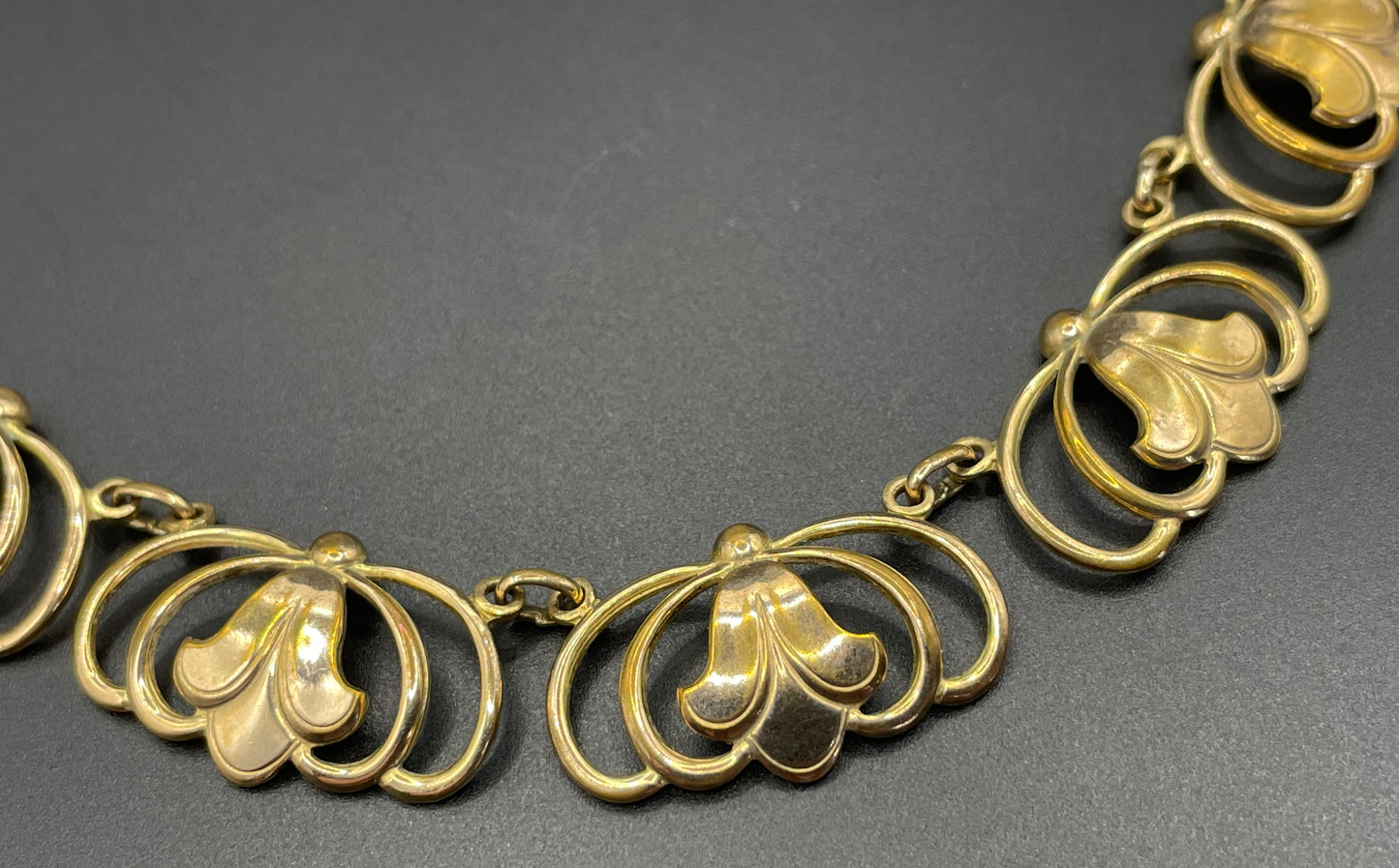 Vintage rolled gold Art Nouveau style abstract modernist design panel collar necklace, 29 grams