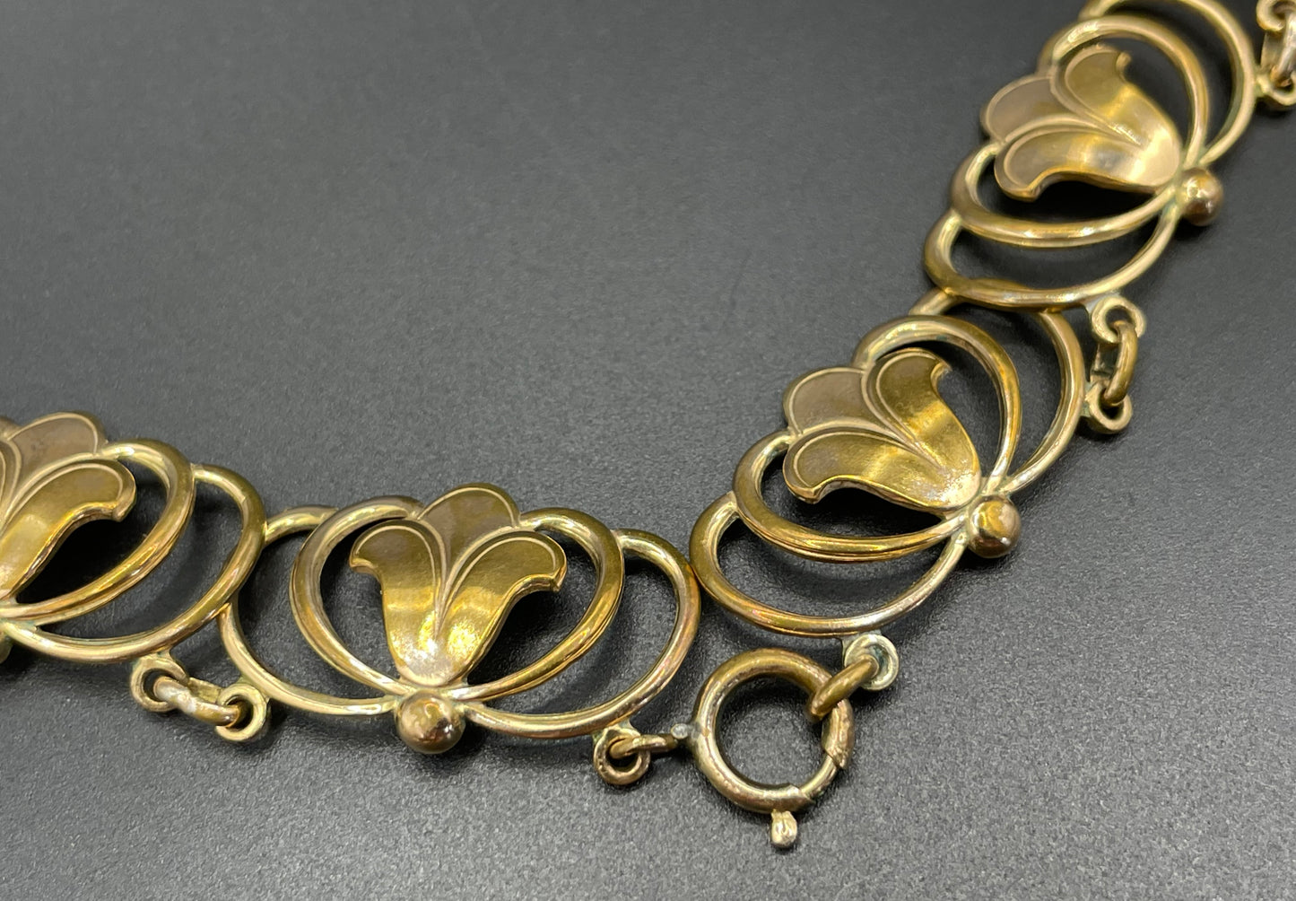 Vintage rolled gold Art Nouveau style abstract modernist design panel collar necklace, 29 grams