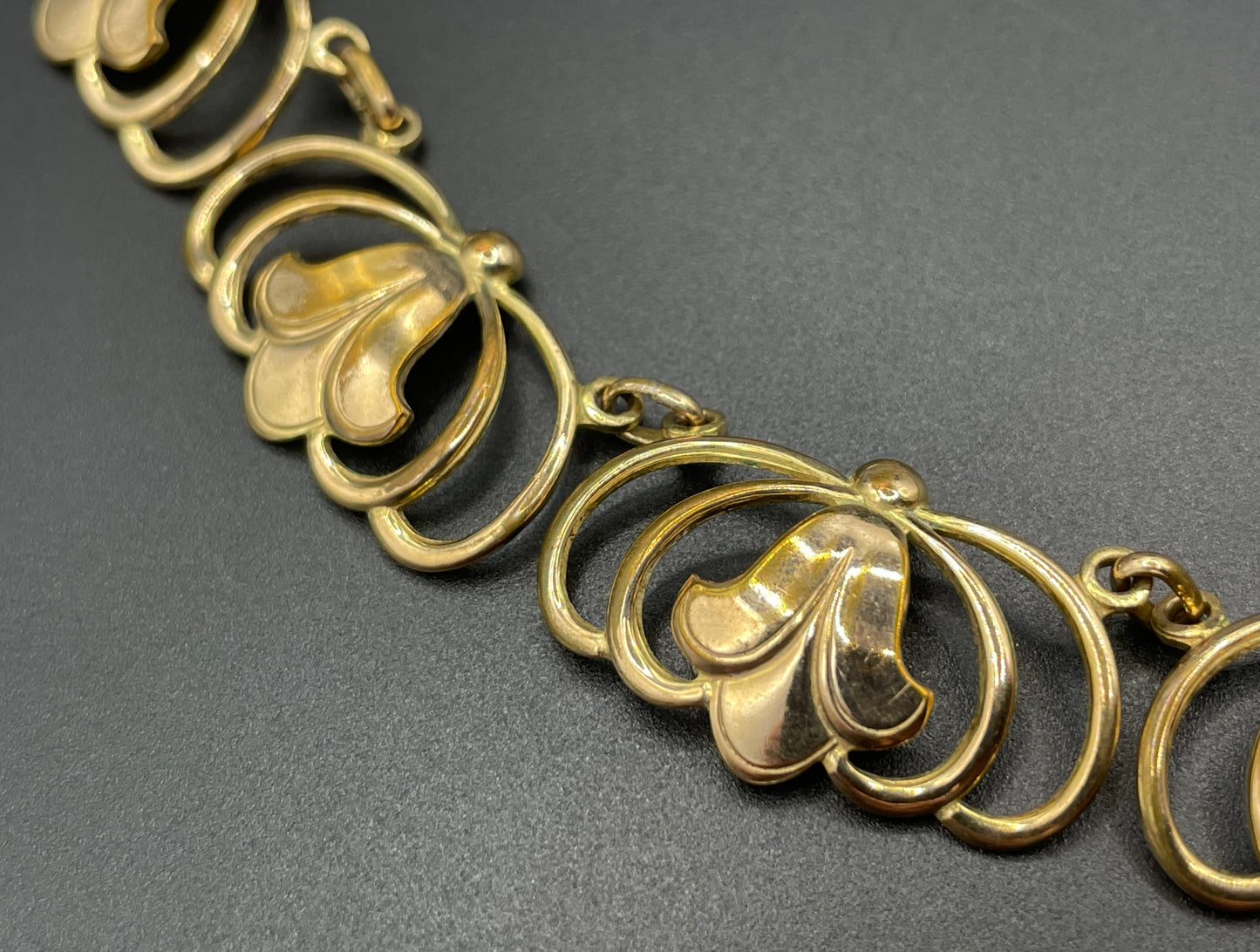 Vintage rolled gold Art Nouveau style abstract modernist design panel collar necklace, 29 grams