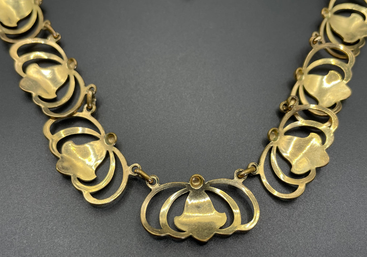 Vintage rolled gold Art Nouveau style abstract modernist design panel collar necklace, 29 grams